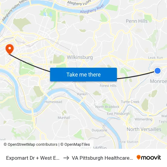 Expomart Dr + West Entrance to VA Pittsburgh Healthcare System map