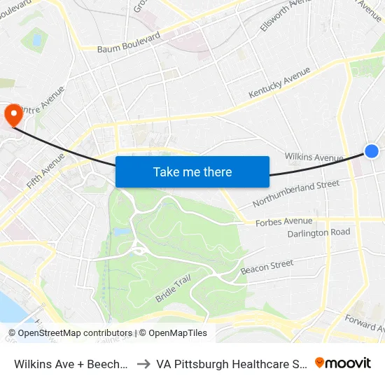 Wilkins Ave + Beechwood to VA Pittsburgh Healthcare System map