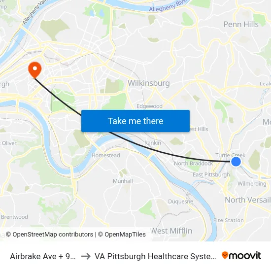 Airbrake Ave + 9th to VA Pittsburgh Healthcare System map