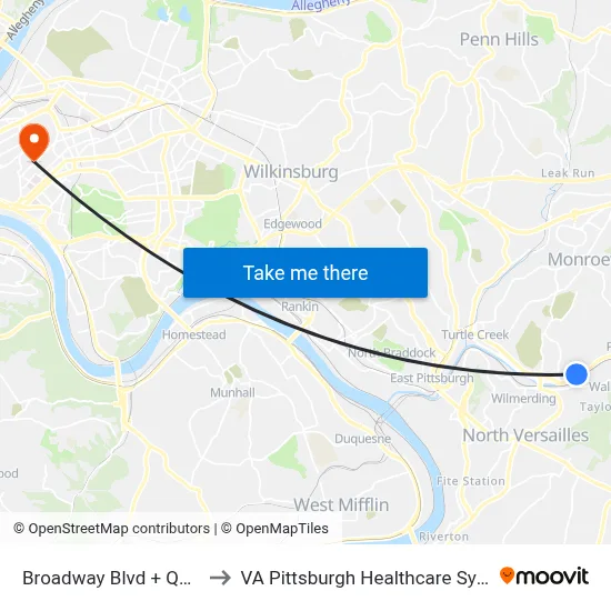Broadway Blvd + Quarry to VA Pittsburgh Healthcare System map