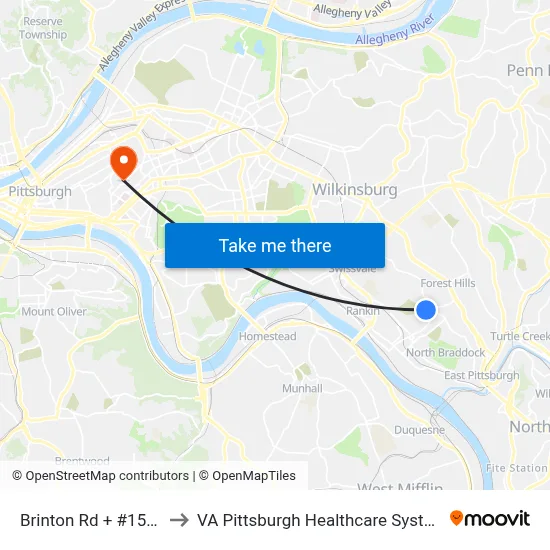 Brinton Rd + #1584 to VA Pittsburgh Healthcare System map