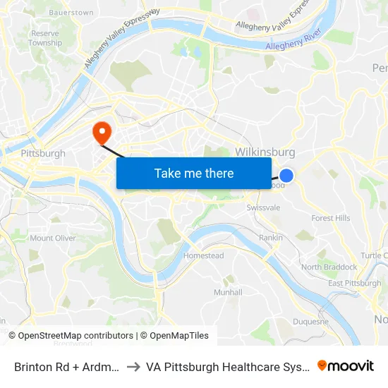 Brinton Rd + Ardmore to VA Pittsburgh Healthcare System map