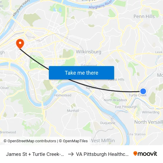 James St + Turtle Creek-Monroeville to VA Pittsburgh Healthcare System map
