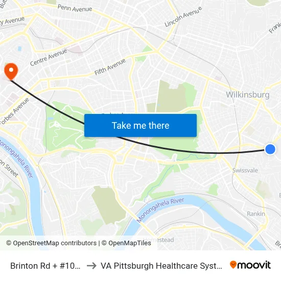 Brinton Rd + #1001 to VA Pittsburgh Healthcare System map