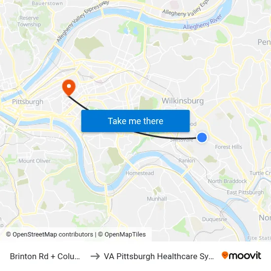 Brinton Rd + Columbia to VA Pittsburgh Healthcare System map