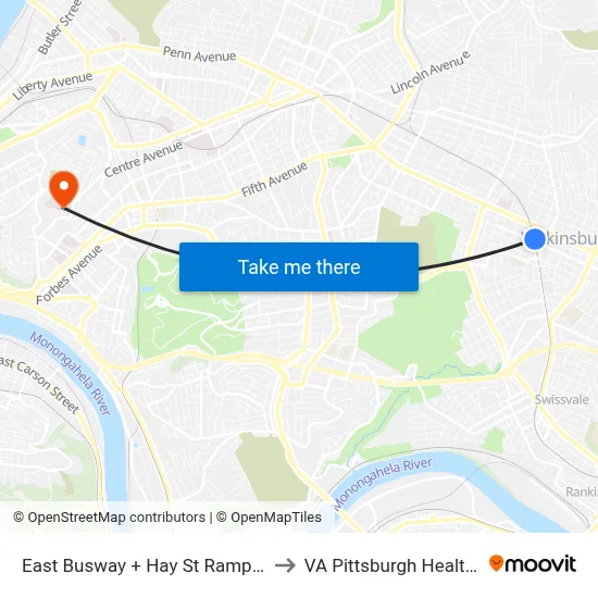 East Busway + Hay St Ramp Outbound Shelter to VA Pittsburgh Healthcare System map