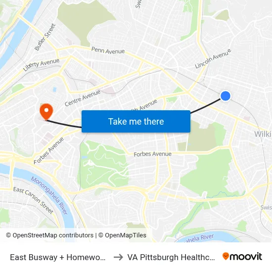 East Busway + Homewood Station C to VA Pittsburgh Healthcare System map
