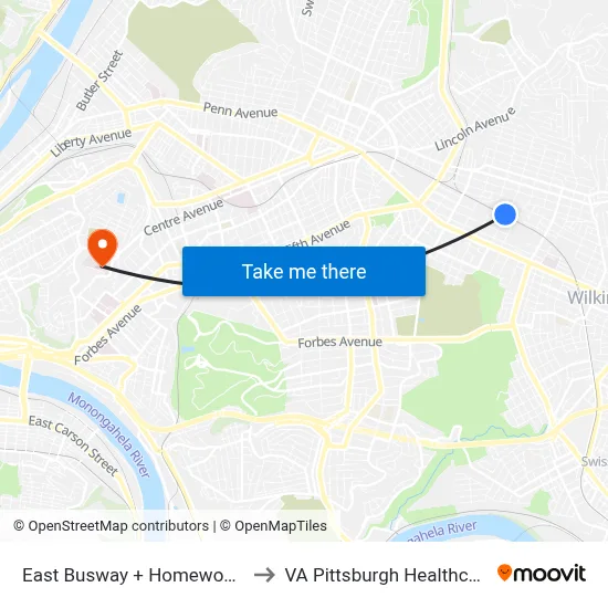 East Busway + Homewood Station A to VA Pittsburgh Healthcare System map