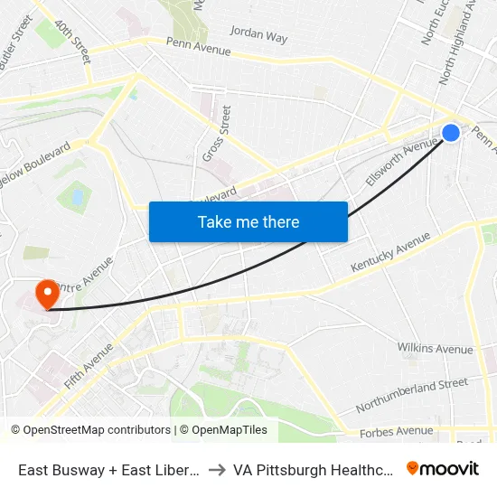 East Busway + East Liberty Station C to VA Pittsburgh Healthcare System map
