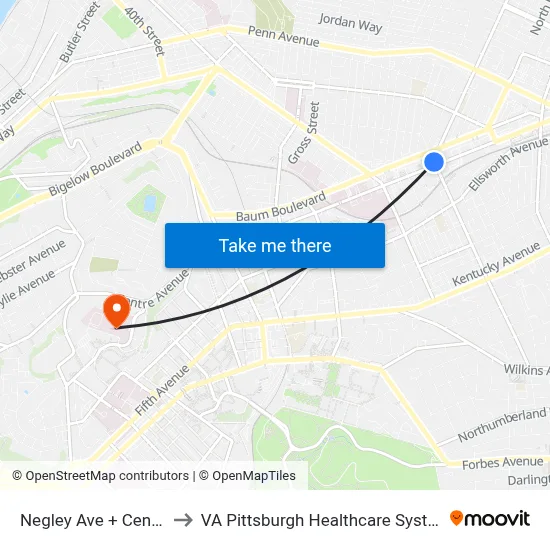 Negley Ave + Centre to VA Pittsburgh Healthcare System map