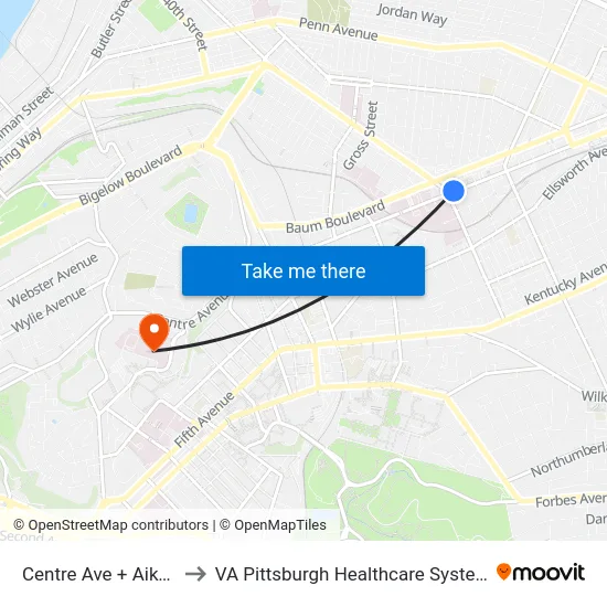 Centre Ave + Aiken to VA Pittsburgh Healthcare System map