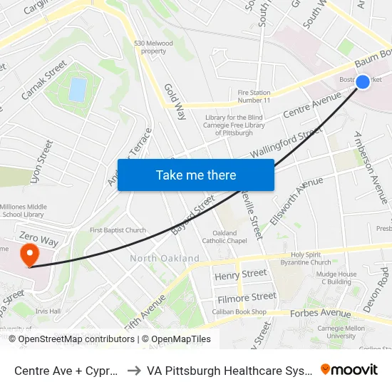 Centre Ave + Cypress to VA Pittsburgh Healthcare System map