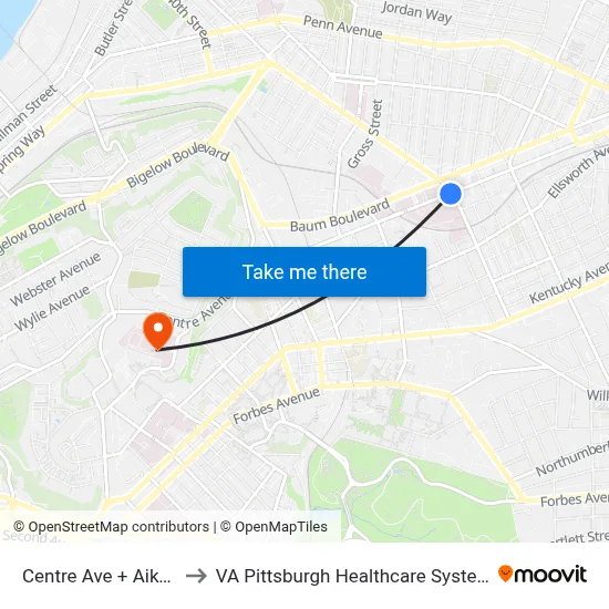 Centre Ave + Aiken to VA Pittsburgh Healthcare System map