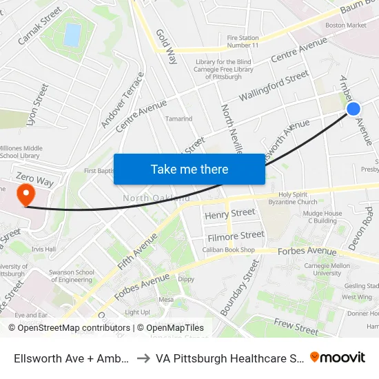 Ellsworth Ave + Amberson to VA Pittsburgh Healthcare System map