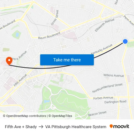 Fifth Ave + Shady to VA Pittsburgh Healthcare System map