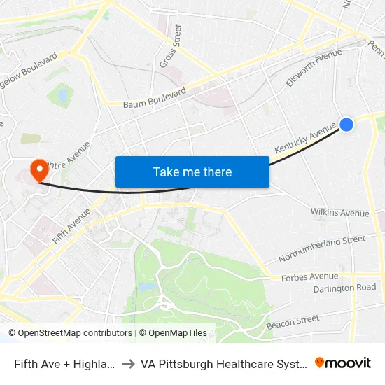 Fifth Ave + Highland to VA Pittsburgh Healthcare System map