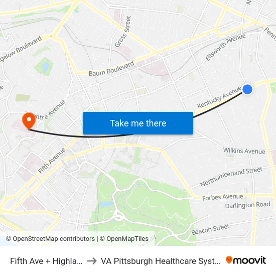 Fifth Ave + Highland to VA Pittsburgh Healthcare System map