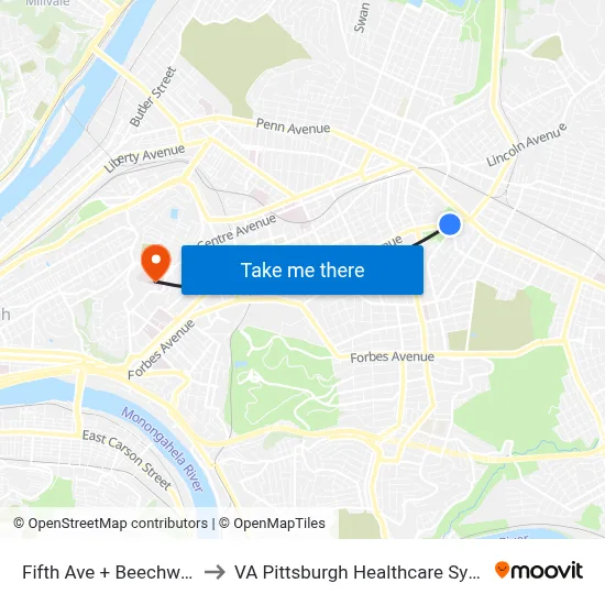 Fifth Ave + Beechwood to VA Pittsburgh Healthcare System map