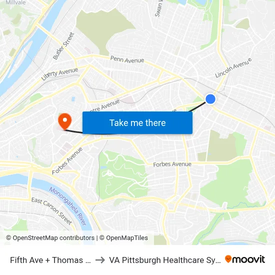 Fifth Ave + Thomas Blvd to VA Pittsburgh Healthcare System map