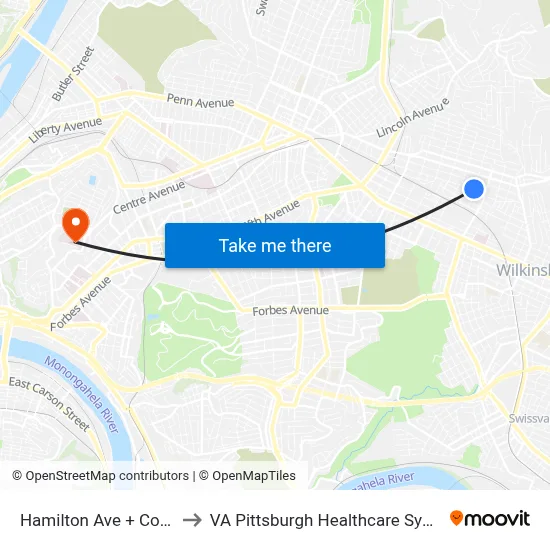 Hamilton Ave + Collier to VA Pittsburgh Healthcare System map