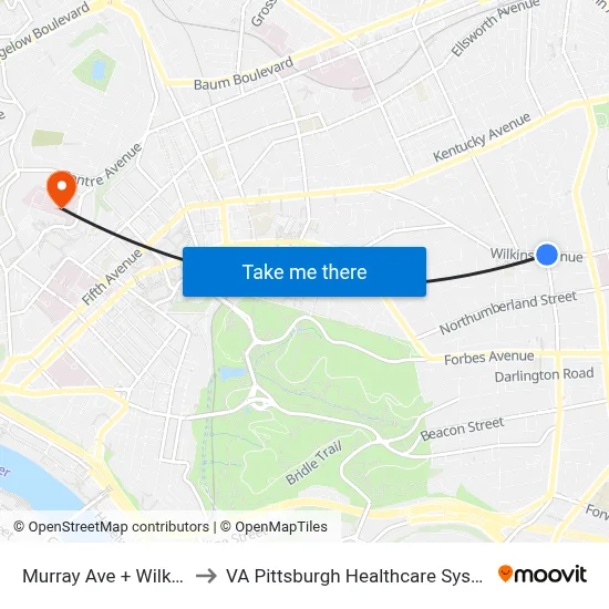 Murray Ave + Wilkins to VA Pittsburgh Healthcare System map