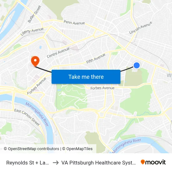 Reynolds St + Lang to VA Pittsburgh Healthcare System map