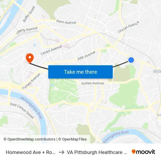Homewood Ave + Roycrest to VA Pittsburgh Healthcare System map