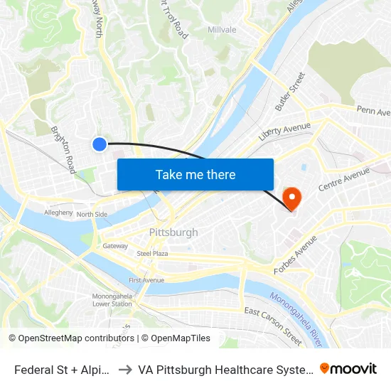 Federal St + Alpine to VA Pittsburgh Healthcare System map