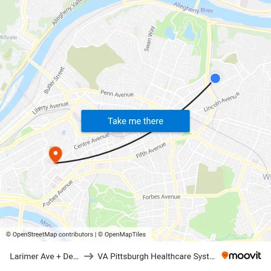Larimer Ave + Dean to VA Pittsburgh Healthcare System map