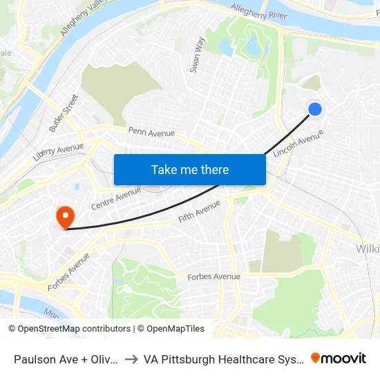Paulson Ave + Olivant to VA Pittsburgh Healthcare System map