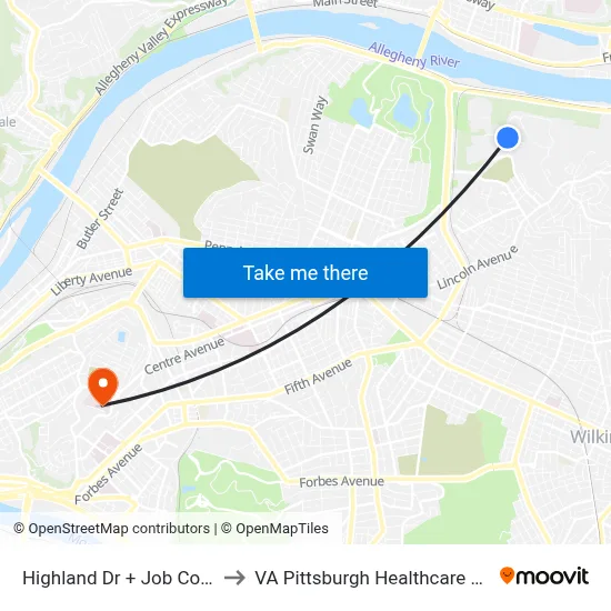 Highland Dr + Job Corps Dr to VA Pittsburgh Healthcare System map