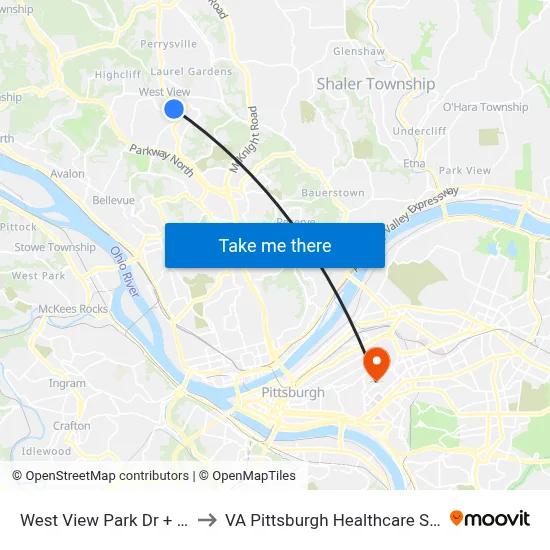 West View Park Dr + Perry to VA Pittsburgh Healthcare System map