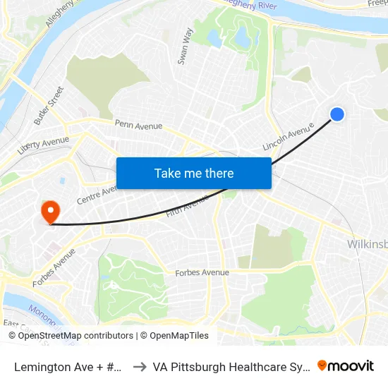 Lemington Ave + #7249 to VA Pittsburgh Healthcare System map