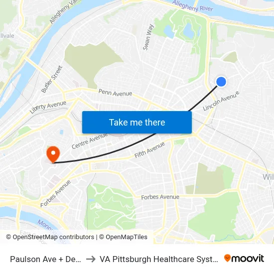 Paulson Ave + Dean to VA Pittsburgh Healthcare System map