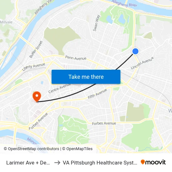 Larimer Ave + Deary to VA Pittsburgh Healthcare System map