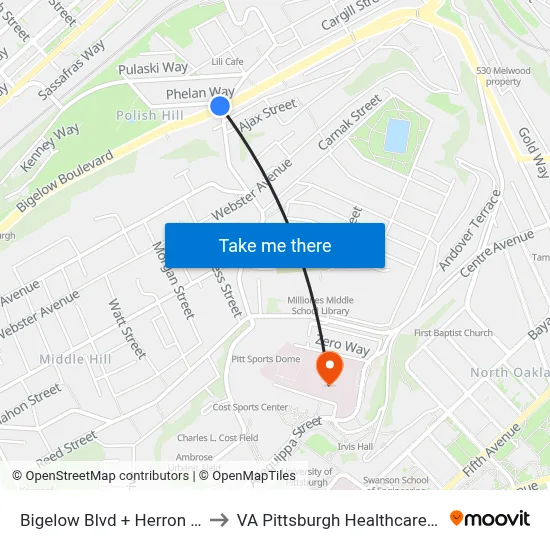 Bigelow Blvd + Herron Ave FS to VA Pittsburgh Healthcare System map