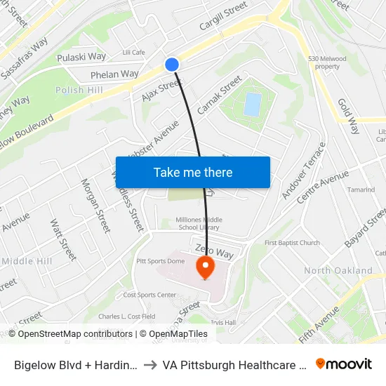 Bigelow Blvd + Harding Way to VA Pittsburgh Healthcare System map