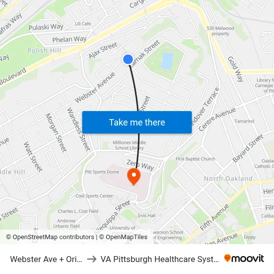 Webster Ave + Orion to VA Pittsburgh Healthcare System map
