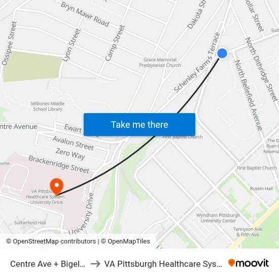 Centre Ave + Bigelow to VA Pittsburgh Healthcare System map