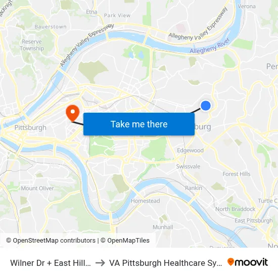 Wilner Dr + East Hills Dr to VA Pittsburgh Healthcare System map