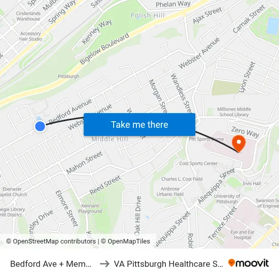 Bedford Ave + Memory Ln to VA Pittsburgh Healthcare System map
