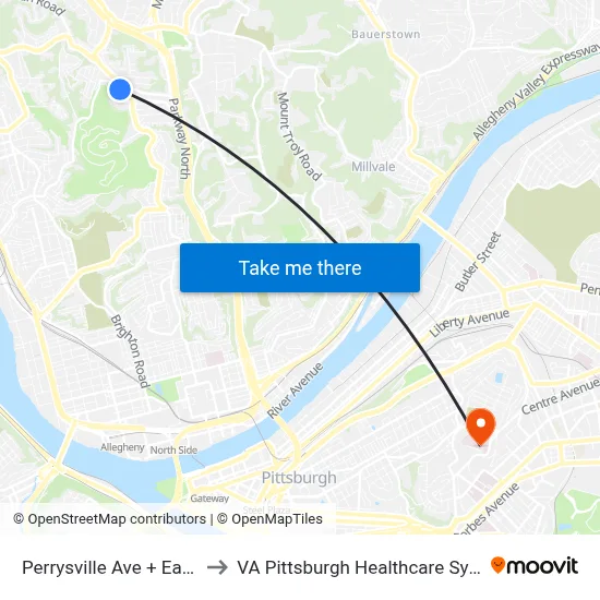 Perrysville Ave + East St to VA Pittsburgh Healthcare System map