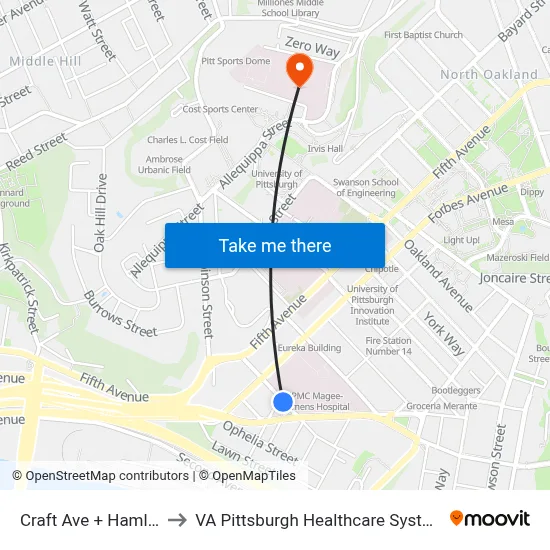 Craft Ave + Hamlet to VA Pittsburgh Healthcare System map