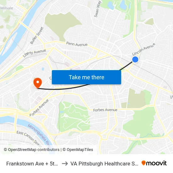 Frankstown Ave + 5th Ave to VA Pittsburgh Healthcare System map