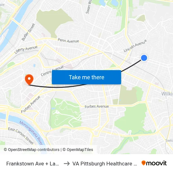 Frankstown Ave + Lang Ave to VA Pittsburgh Healthcare System map