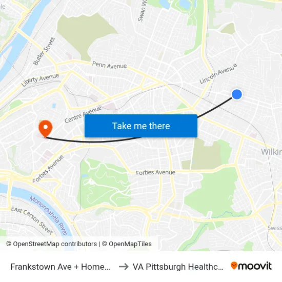 Frankstown Ave + Homewood House to VA Pittsburgh Healthcare System map