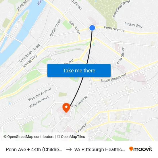 Penn Ave + 44th (Childrens Hospital) to VA Pittsburgh Healthcare System map