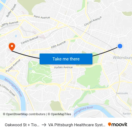Oakwood St + Tioga to VA Pittsburgh Healthcare System map