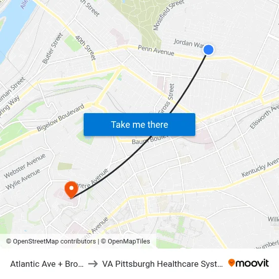 Atlantic Ave + Broad to VA Pittsburgh Healthcare System map