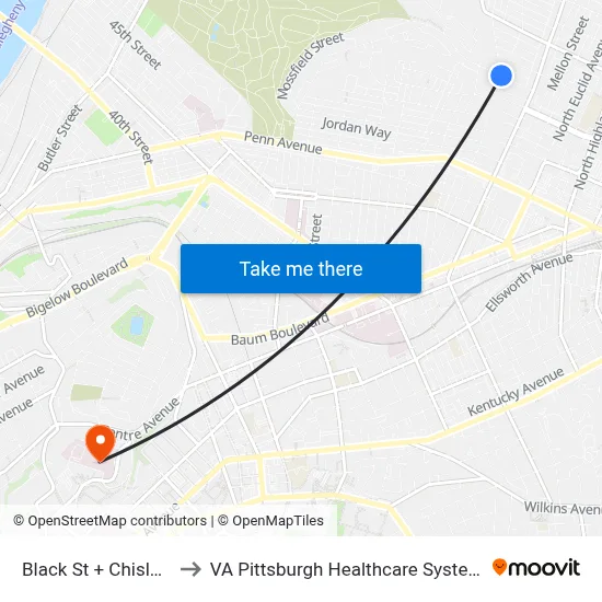 Black St + Chislett to VA Pittsburgh Healthcare System map
